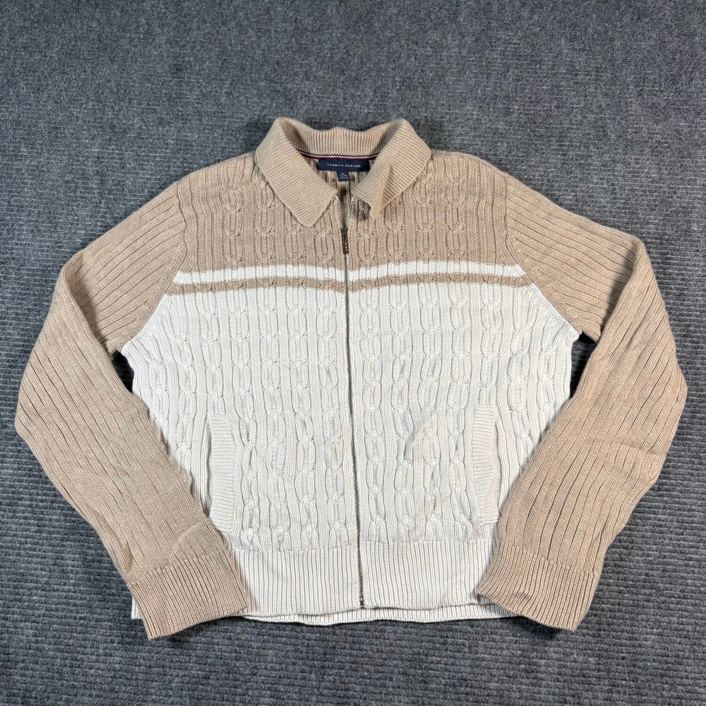 Tommy Hilfiger Full Zip Sweater Women XL Tan Cream Excellent Cable Knit Collared